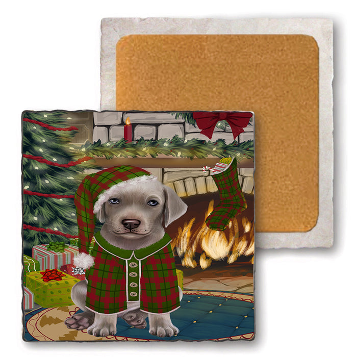The Stocking was Hung Weimaraner Dog Set of 4 Natural Stone Marble Tile Coasters MCST50651