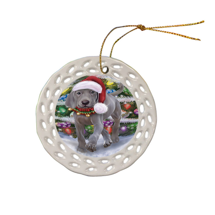 Trotting in the Snow Weimaraner Dog Ceramic Doily Ornament DPOR54730