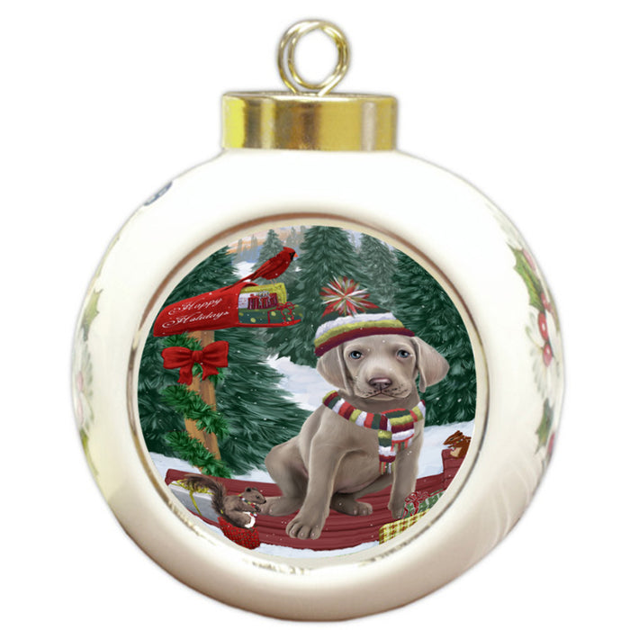 Merry Christmas Woodland Sled Weimaraner Dog Round Ball Christmas Ornament RBPOR55422