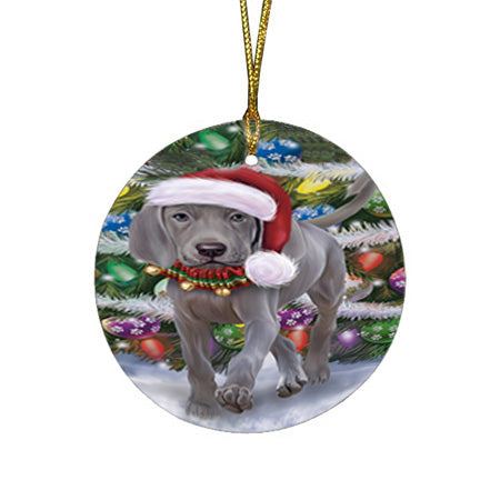 Trotting in the Snow Weimaraner Dog Round Flat Christmas Ornament RFPOR54721