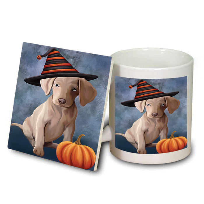 Happy Halloween Weimaraner Dog Wearing Witch Hat with Pumpkin Mug and Coaster Set MUC54826