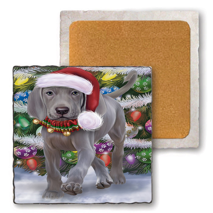 Trotting in the Snow Weimaraner Dog Set of 4 Natural Stone Marble Tile Coasters MCST49602