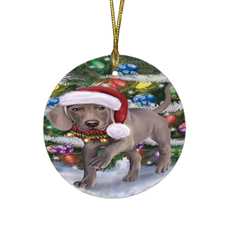 Trotting in the Snow Weimaraner Dog Round Flat Christmas Ornament RFPOR54722