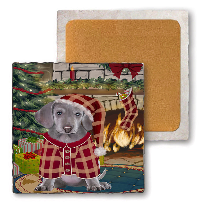 The Stocking was Hung Weimaraner Dog Set of 4 Natural Stone Marble Tile Coasters MCST50652
