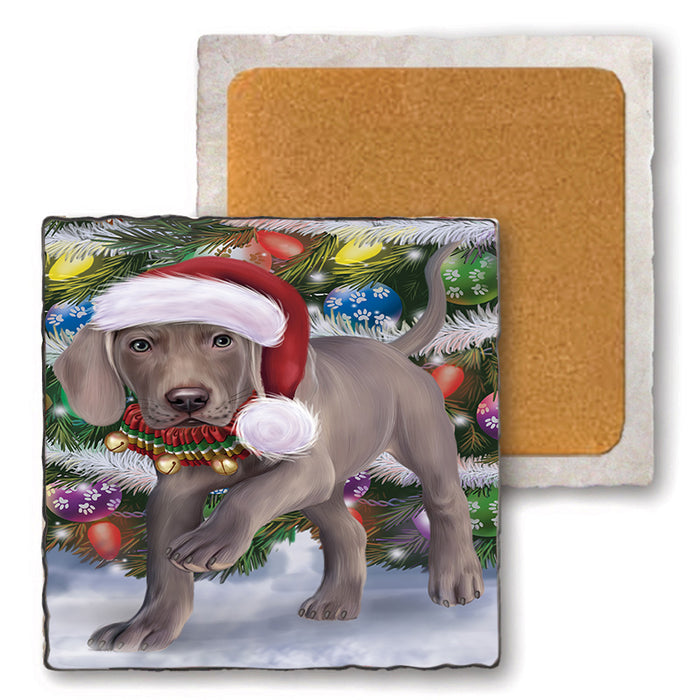 Trotting in the Snow Weimaraner Dog Set of 4 Natural Stone Marble Tile Coasters MCST49603