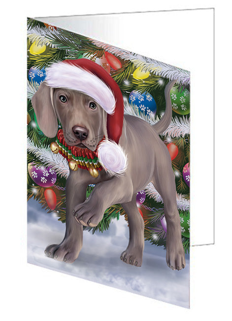Trotting in the Snow Weimaraner Dog Handmade Artwork Assorted Pets Greeting Cards and Note Cards with Envelopes for All Occasions and Holiday Seasons GCD68222