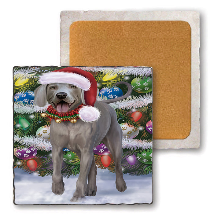 Trotting in the Snow Weimaraner Dog Set of 4 Natural Stone Marble Tile Coasters MCST49604