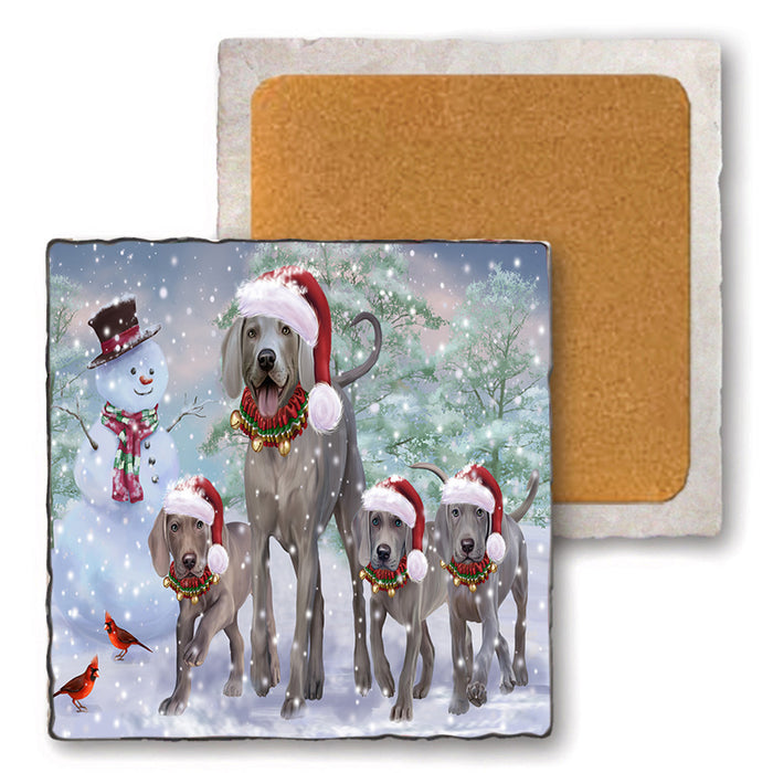 Christmas Running Family Dogs Weimaraners Dog Set of 4 Natural Stone Marble Tile Coasters MCST49228