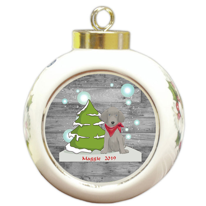 Custom Personalized Winter Scenic Tree and Presents Weimaraner Dog Christmas Round Ball Ornament