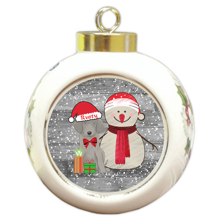 Custom Personalized Snowy Snowman and Weimaraner Dog Christmas Round Ball Ornament