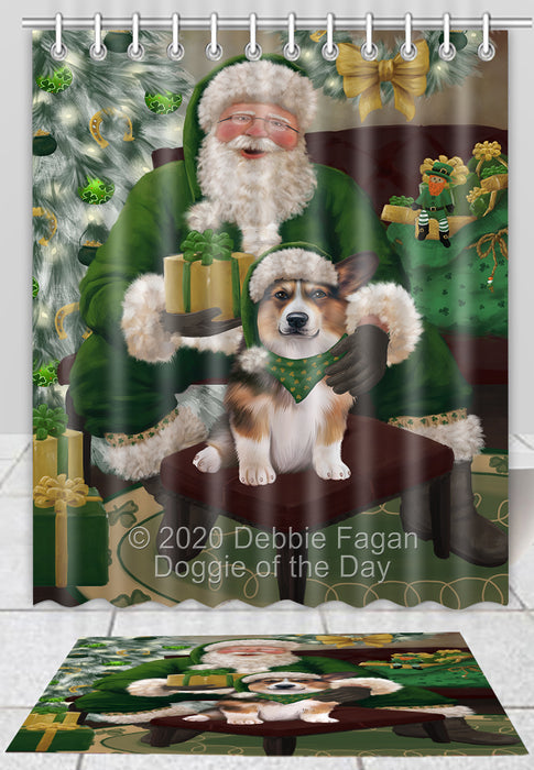 Christmas Irish Santa with Gift Welsh Corgi Dog Bath Mat and Shower Curtain Combo
