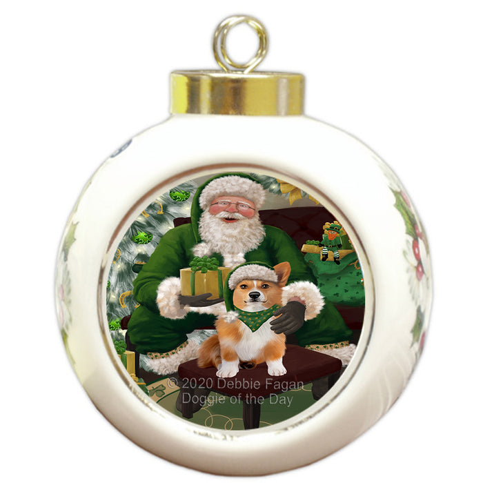 Christmas Irish Santa with Gift and Welsh Corgi Dog Round Ball Christmas Ornament RBPOR57980