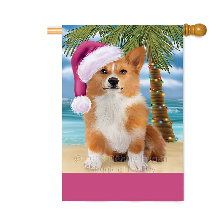 Personalized Summertime Happy Holidays Christmas Welsh Corgi Dog on Tropical Island Beach Custom House Flag FLG-DOTD-A60603