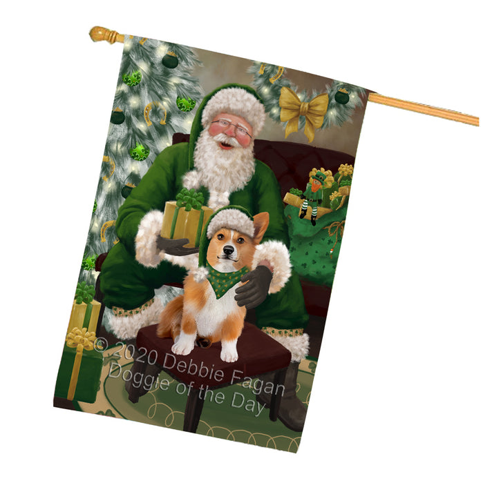 Christmas Irish Santa with Gift and Welsh Corgi Dog House Flag FLG66752