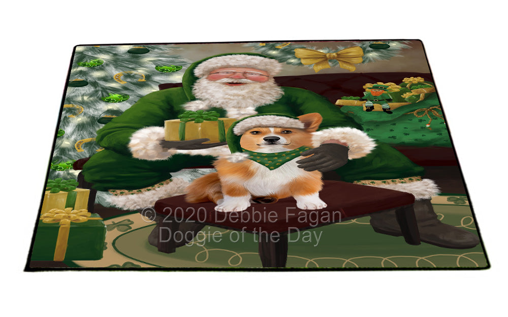 Christmas Irish Santa with Gift and Welsh Corgi Dog Indoor/Outdoor Welcome Floormat - Premium Quality Washable Anti-Slip Doormat Rug FLMS57313