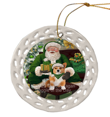 Christmas Irish Santa with Gift and Welsh Corgi Dog Doily Ornament DPOR59542