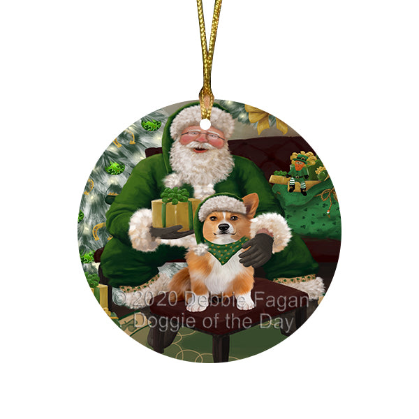 Christmas Irish Santa with Gift and Welsh Corgi Dog Round Flat Christmas Ornament RFPOR57980