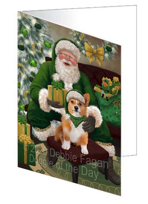 Christmas Irish Santa with Gift and Welsh Corgi Dog Handmade Artwork Assorted Pets Greeting Cards and Note Cards with Envelopes for All Occasions and Holiday Seasons GCD76010