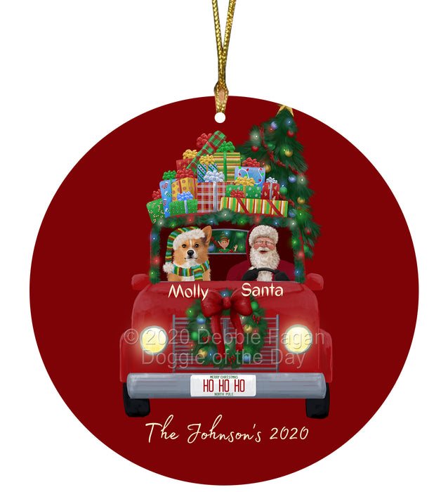 Personalized Christmas Honk Honk Red Truck Here Comes with Santa and Welsh Corgi Dog Round Flat Ornament PRBPOR59130