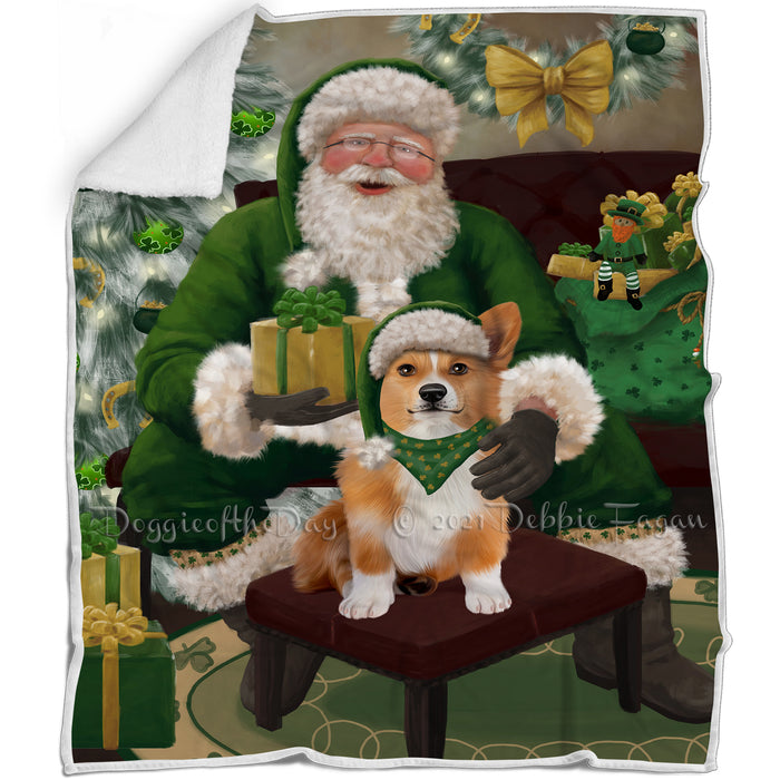 Christmas Irish Santa with Gift and Welsh Corgi Dog Blanket BLNKT141608