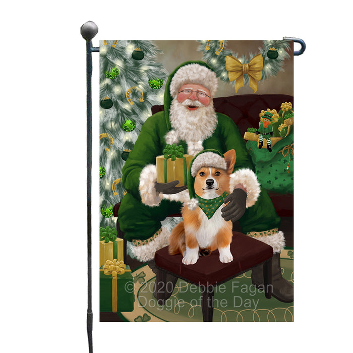 Christmas Irish Santa with Gift and Welsh Corgi Dog Garden Flag GFLG66696