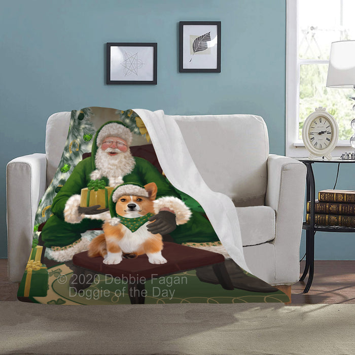Christmas Irish Santa with Gift and Welsh Corgi Dog Blanket BLNKT141608