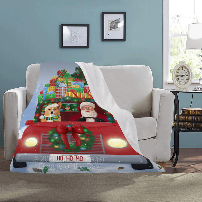 Christmas Honk Honk Red Truck Here Comes with Santa and Welsh Corgi Dog Blanket BLNKT141118