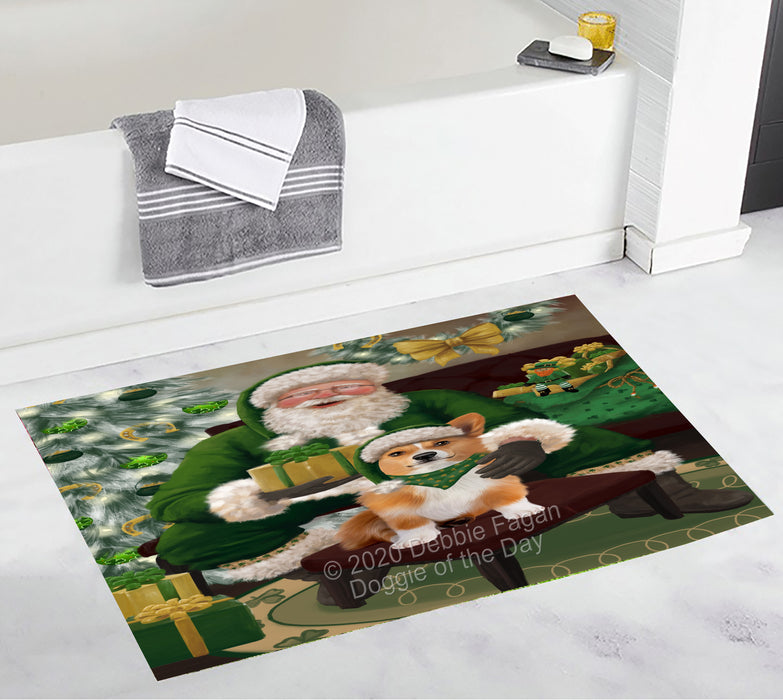 Christmas Irish Santa with Gift and Welsh Corgi Dog Bath Mat BRUG54196