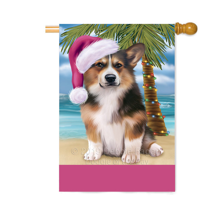 Personalized Summertime Happy Holidays Christmas Welsh Corgi Dog on Tropical Island Beach Custom House Flag FLG-DOTD-A60604