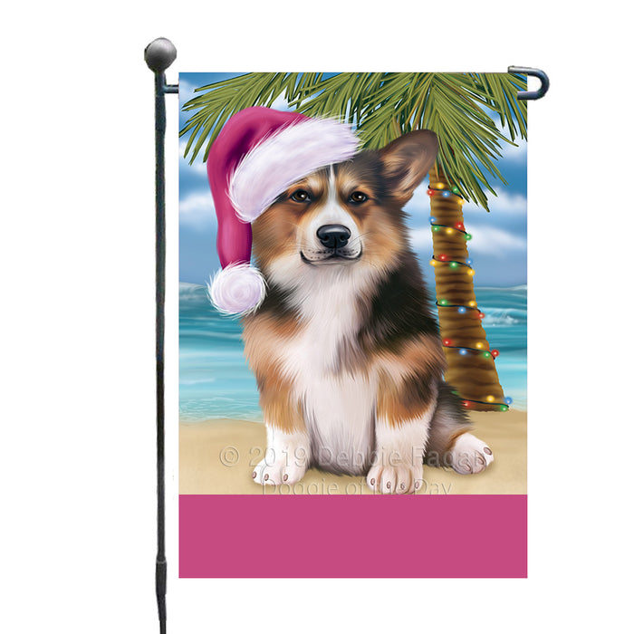 Personalized Summertime Happy Holidays Christmas Welsh Corgi Dog on Tropical Island Beach  Custom Garden Flags GFLG-DOTD-A60548