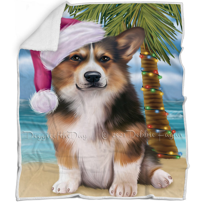 Summertime Happy Holidays Christmas Welsh Corgi Dog on Tropical Island Beach Blanket D143