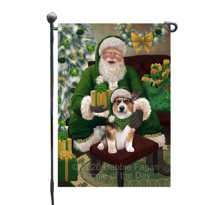 Christmas Irish Santa with Gift and Welsh Corgi Dog Garden Flag GFLG66697