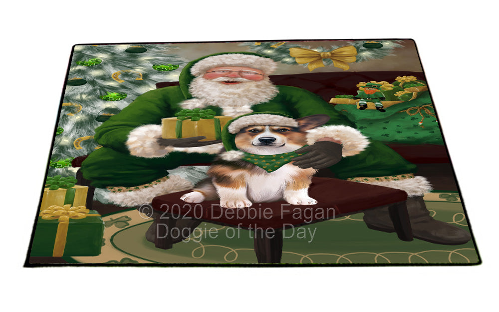 Christmas Irish Santa with Gift and Welsh Corgi Dog Indoor/Outdoor Welcome Floormat - Premium Quality Washable Anti-Slip Doormat Rug FLMS57316