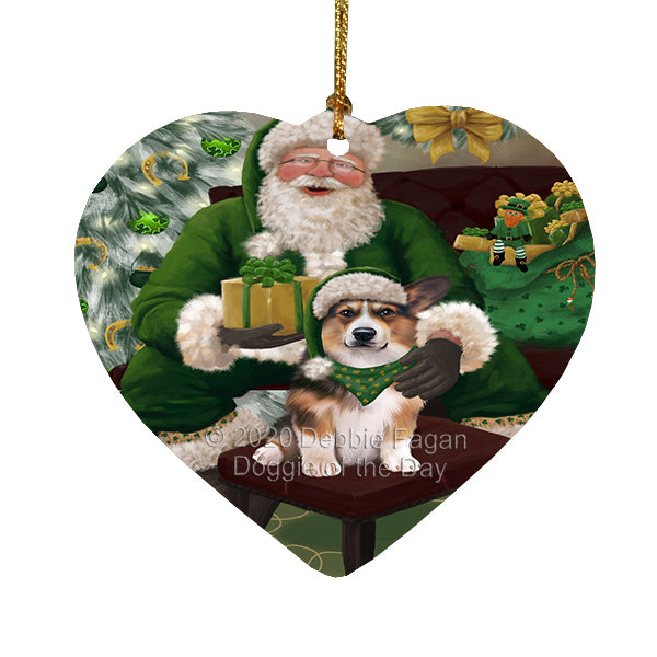 Christmas Irish Santa with Gift and Welsh Corgi Dog Heart Christmas Ornament RFPOR58323
