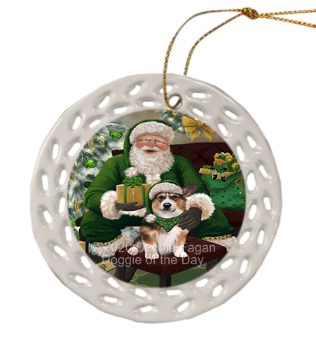 Christmas Irish Santa with Gift and Welsh Corgi Dog Doily Ornament DPOR59543