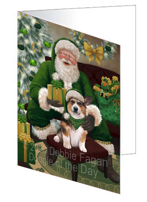 Christmas Irish Santa with Gift and Welsh Corgi Dog Handmade Artwork Assorted Pets Greeting Cards and Note Cards with Envelopes for All Occasions and Holiday Seasons GCD76013