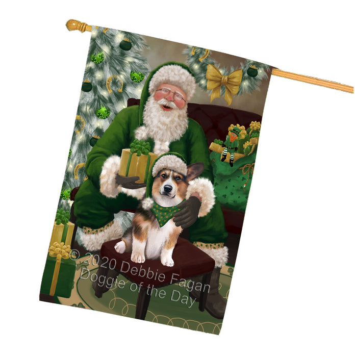Christmas Irish Santa with Gift and Welsh Corgi Dog House Flag FLG66753