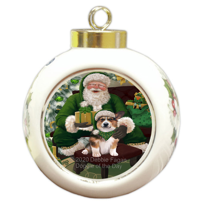 Christmas Irish Santa with Gift and Welsh Corgi Dog Round Ball Christmas Ornament RBPOR57981