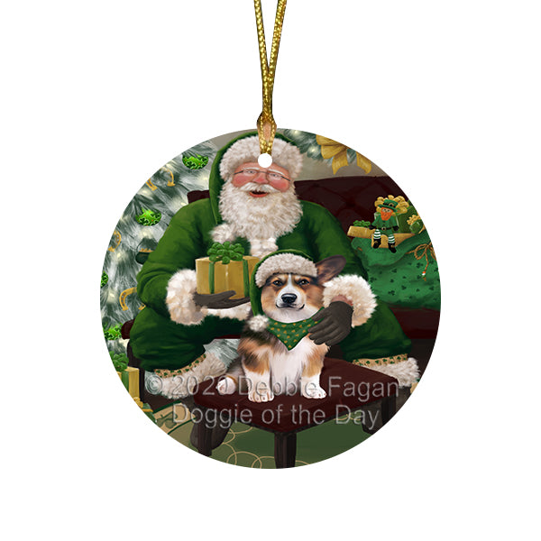 Christmas Irish Santa with Gift and Welsh Corgi Dog Round Flat Christmas Ornament RFPOR57981