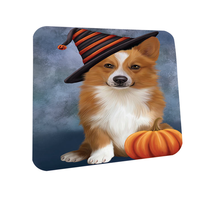 Happy Halloween Welsh Corgi Dog Wearing Witch Hat with Pumpkin Coasters Set of 4 CST54793