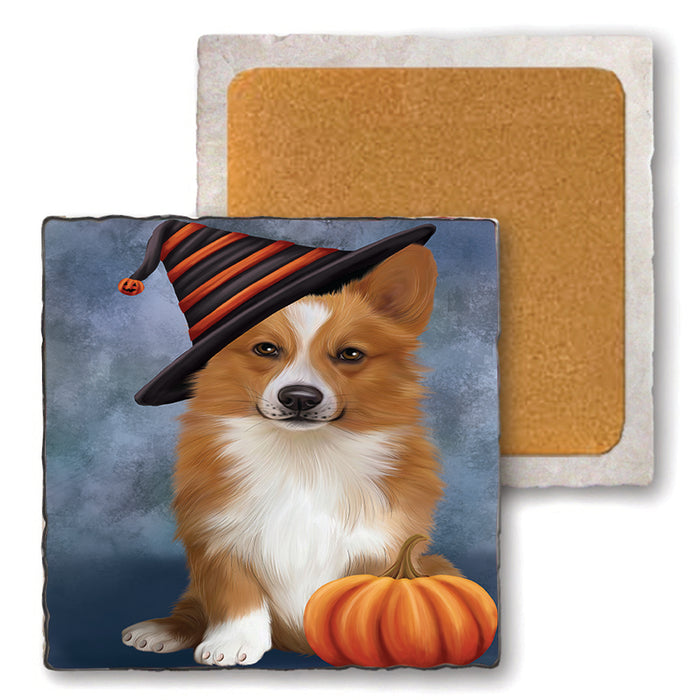 Happy Halloween Welsh Corgi Dog Wearing Witch Hat with Pumpkin Set of 4 Natural Stone Marble Tile Coasters MCST49835