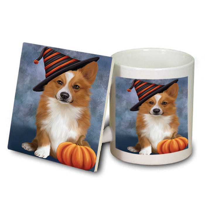 Happy Halloween Welsh Corgi Dog Wearing Witch Hat with Pumpkin Mug and Coaster Set MUC54827