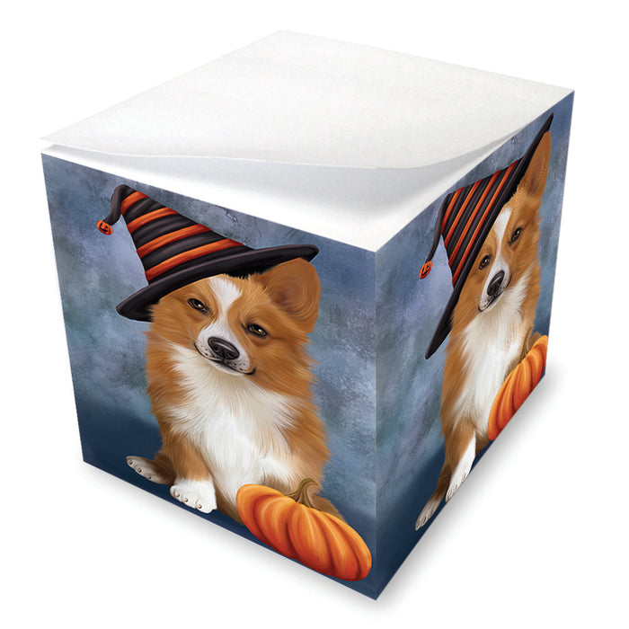 Happy Halloween Welsh Corgi Dog Wearing Witch Hat with Pumpkin Note Cube NOC56481