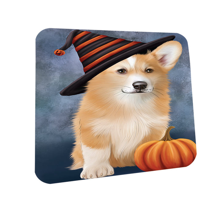 Happy Halloween Welsh Corgi Dog Wearing Witch Hat with Pumpkin Coasters Set of 4 CST54794