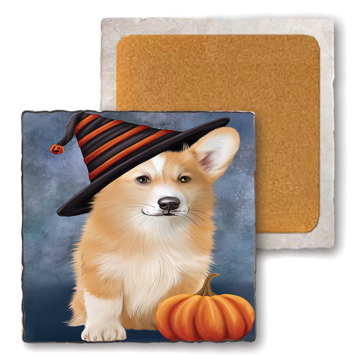 Happy Halloween Welsh Corgi Dog Wearing Witch Hat with Pumpkin Set of 4 Natural Stone Marble Tile Coasters MCST49836