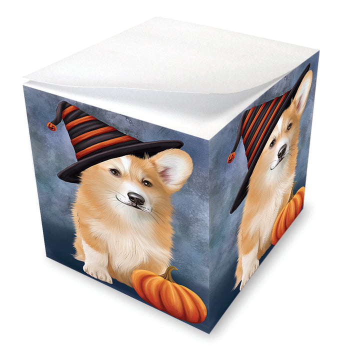 Happy Halloween Welsh Corgi Dog Wearing Witch Hat with Pumpkin Note Cube NOC56482