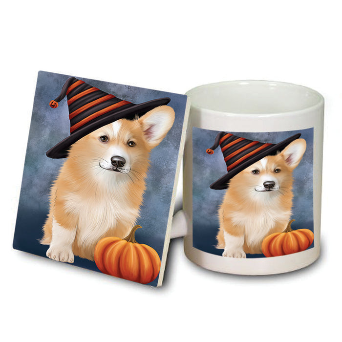 Happy Halloween Welsh Corgi Dog Wearing Witch Hat with Pumpkin Mug and Coaster Set MUC54828