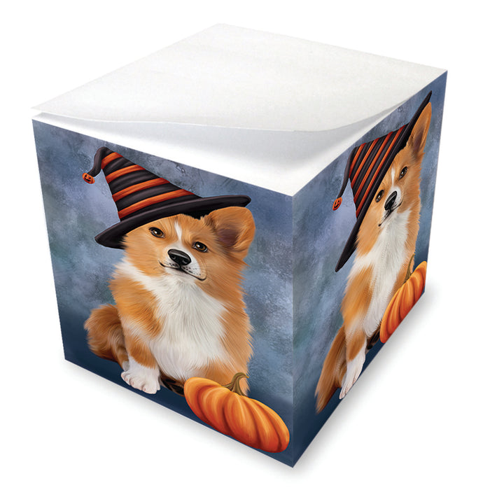 Happy Halloween Welsh Corgi Dog Wearing Witch Hat with Pumpkin Note Cube NOC56483