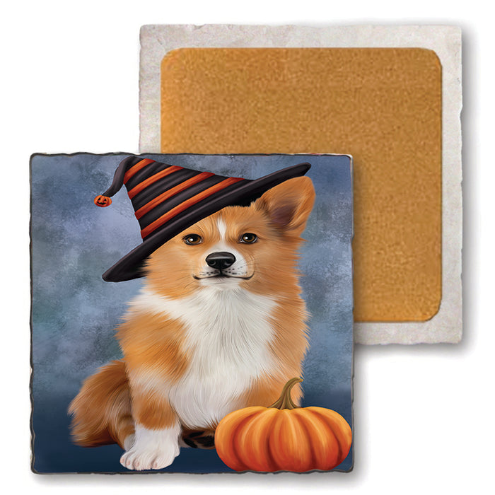 Happy Halloween Welsh Corgi Dog Wearing Witch Hat with Pumpkin Set of 4 Natural Stone Marble Tile Coasters MCST49837