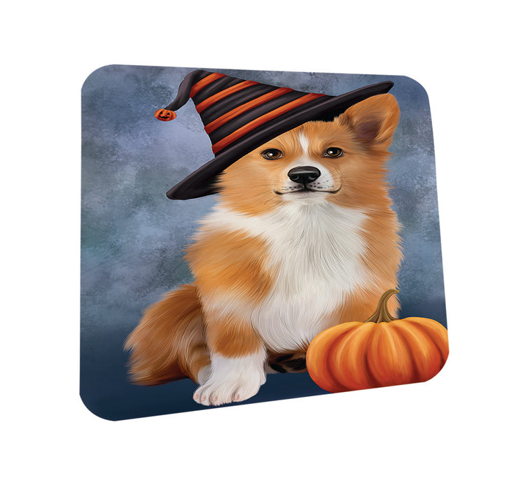 Happy Halloween Welsh Corgi Dog Wearing Witch Hat with Pumpkin Coasters Set of 4 CST54795